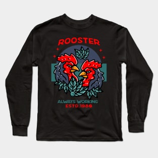 Double Rooster Illustration Hand Drawn Long Sleeve T-Shirt